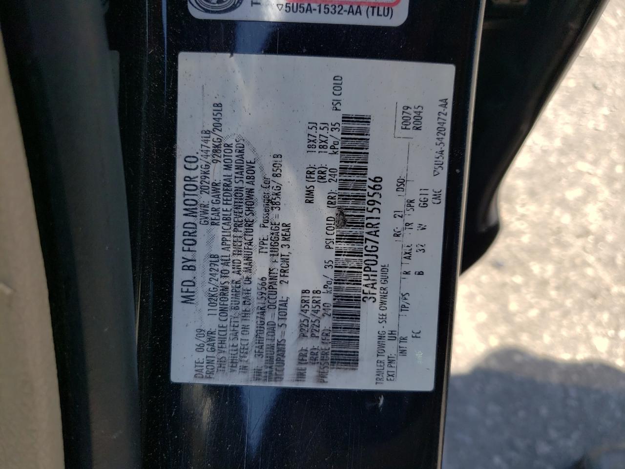 2010 Ford Fusion Sel VIN: 3FAHP0JG7AR159566 Lot: 59396304