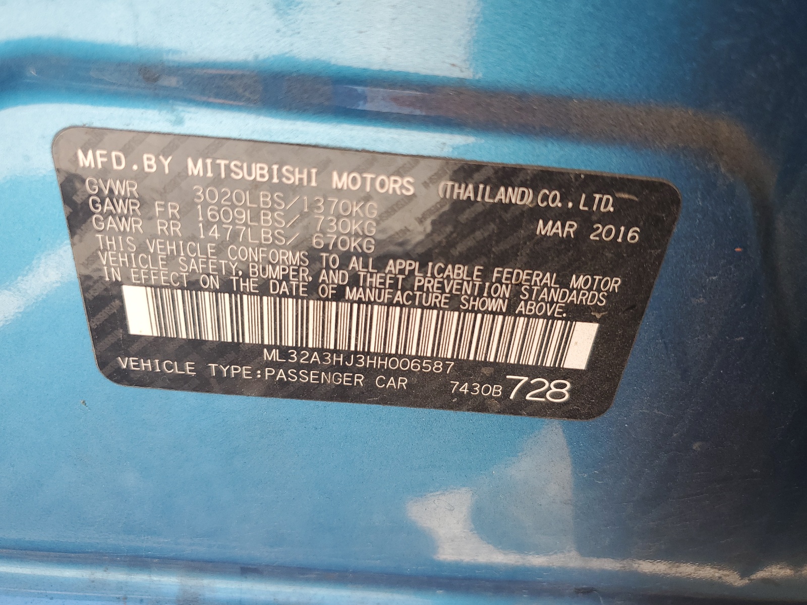 ML32A3HJ3HH006587 2017 Mitsubishi Mirage Es