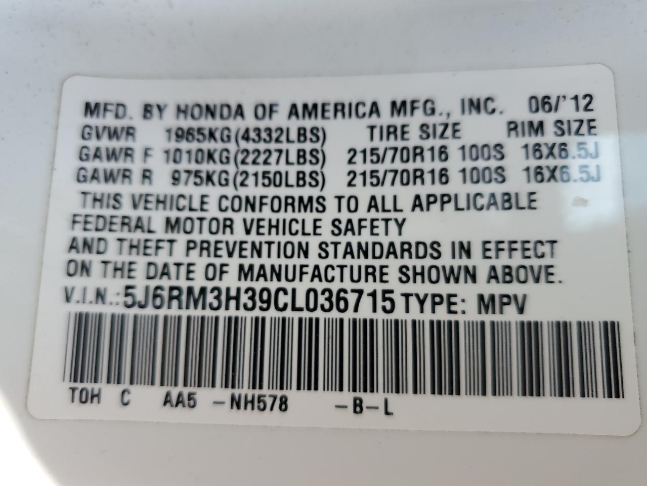 2012 Honda Cr-V Lx VIN: 5J6RM3H39CL036715 Lot: 57383484