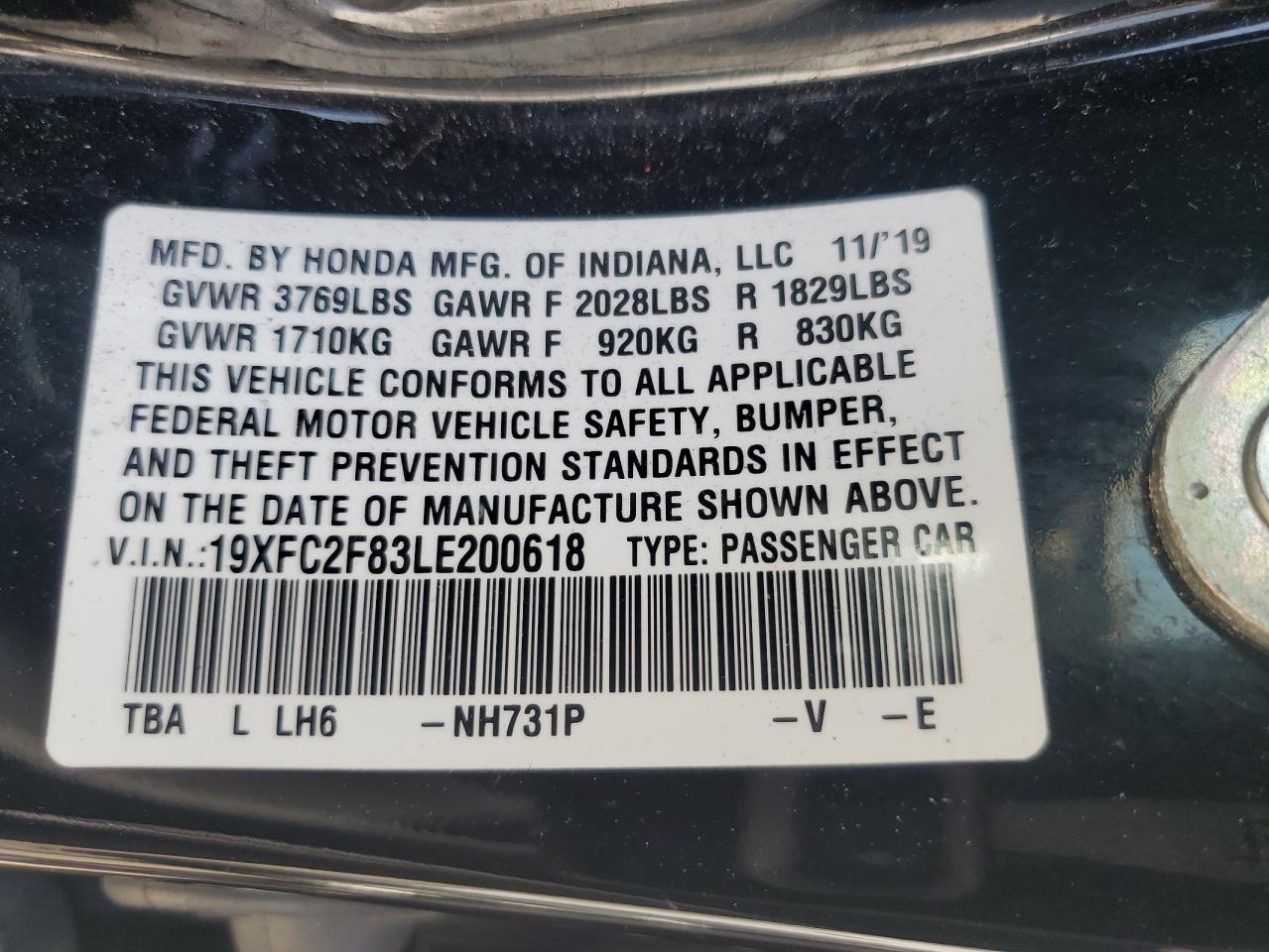 2020 Honda Civic Sport VIN: 19XFC2F83LE200618 Lot: 58931074