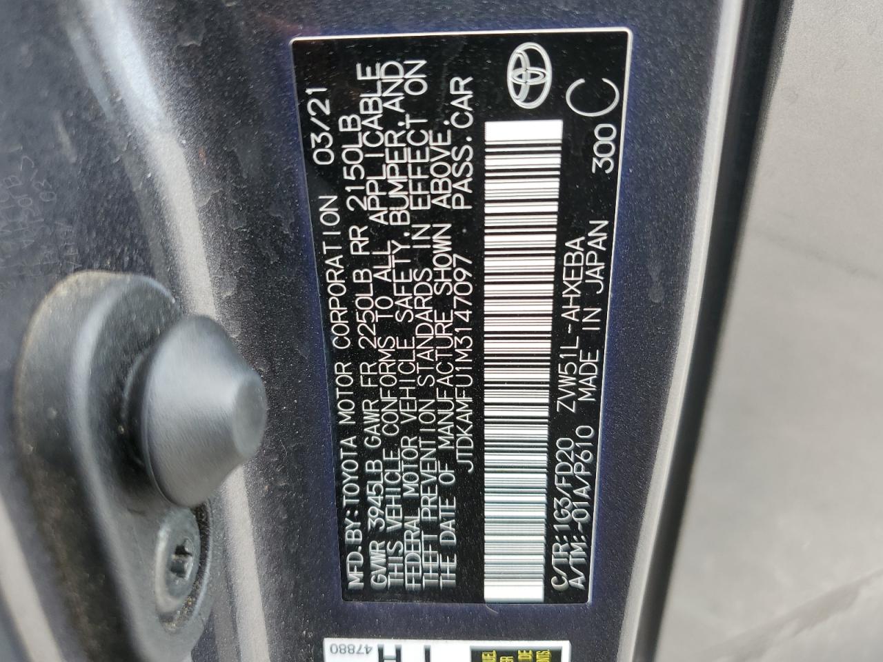 2021 Toyota Prius Special Edition VIN: JTDKAMFU1M3147097 Lot: 59987154