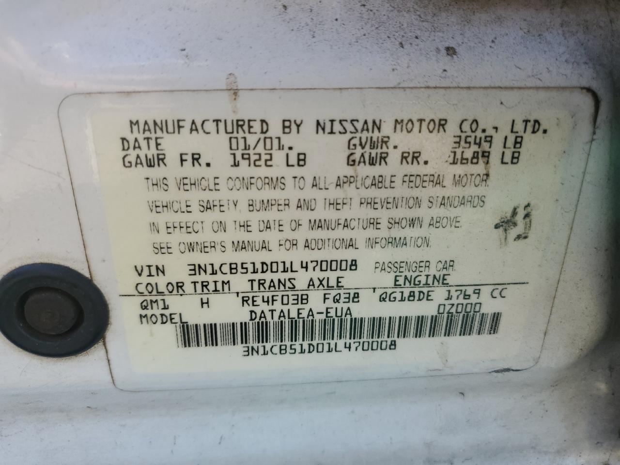 2001 Nissan Sentra Xe VIN: 3N1CB51D01L470008 Lot: 60656994