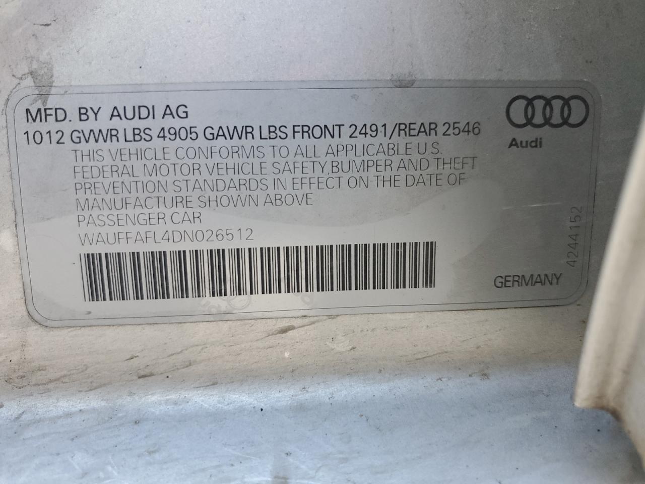2013 Audi A4 Premium Plus VIN: WAUFFAFL4DN026512 Lot: 60707124