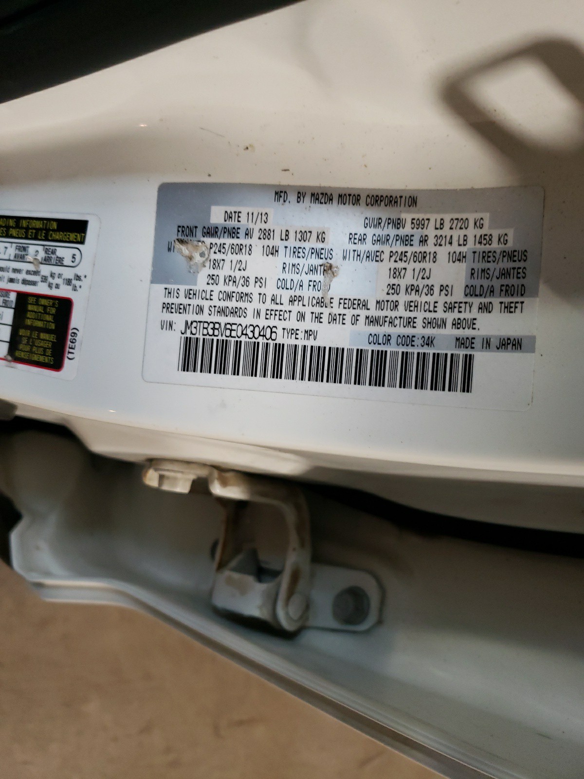 JM3TB3BV6E0430406 2014 Mazda Cx-9 Sport