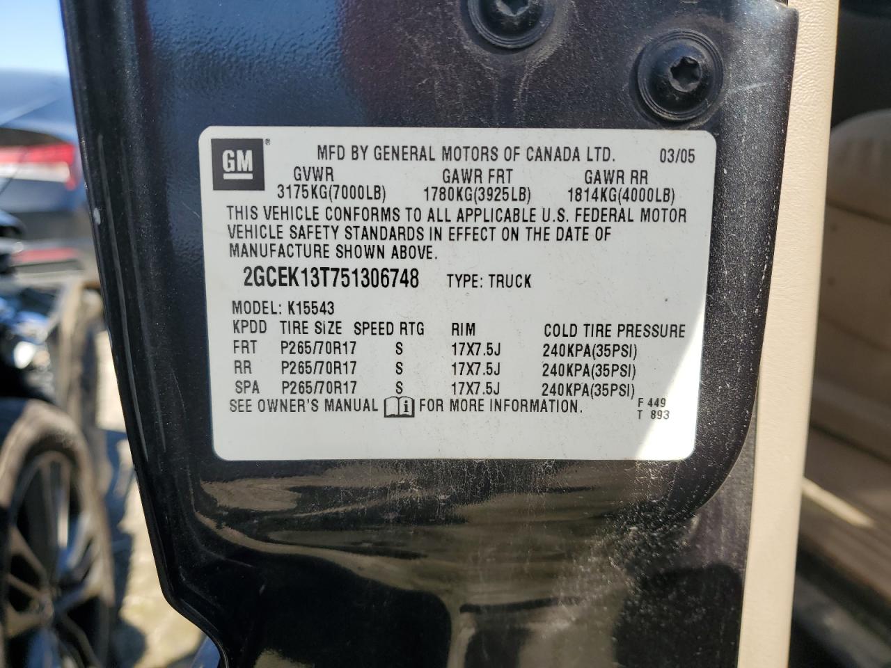 2005 Chevrolet Silverado K1500 VIN: 2GCEK13T751306748 Lot: 72495684