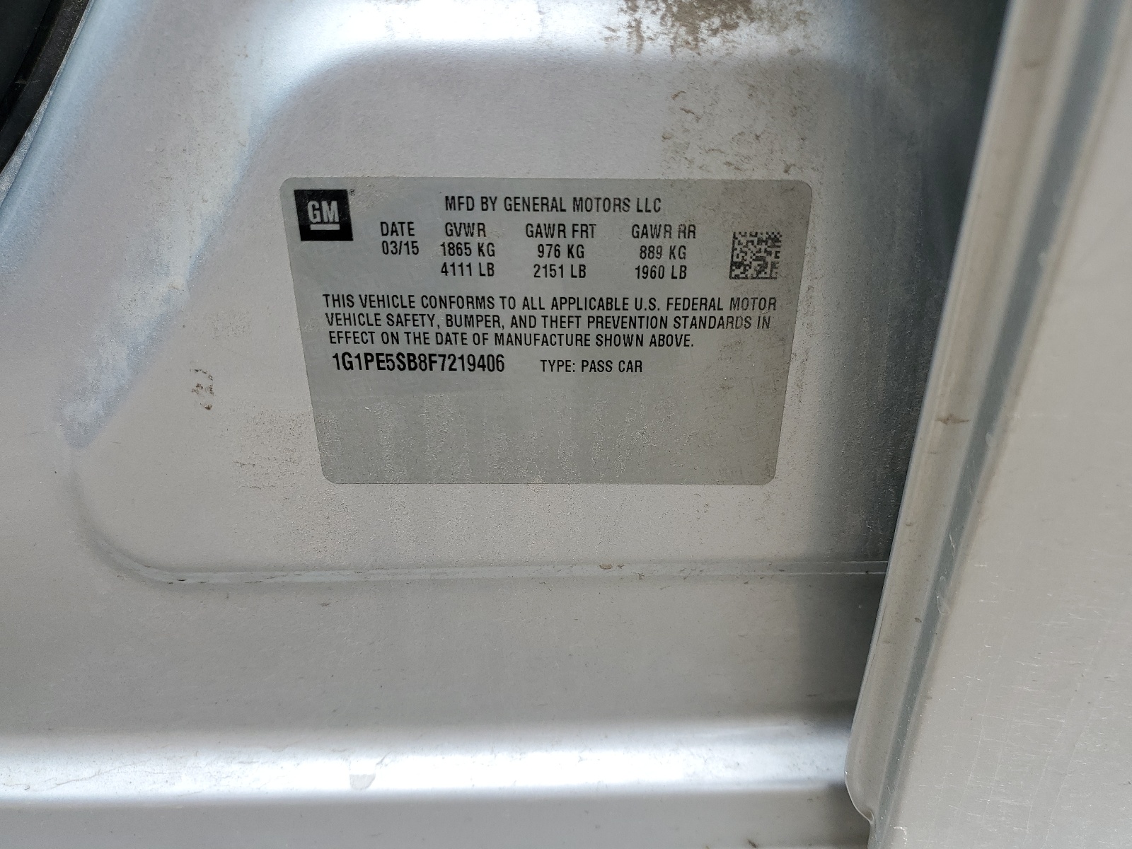 1G1PE5SB8F7219406 2015 Chevrolet Cruze Lt