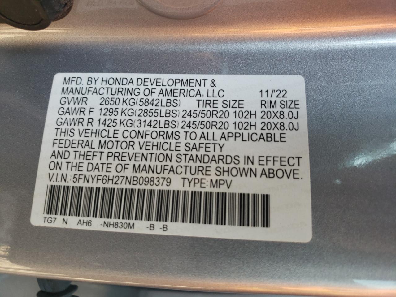 2022 Honda Pilot Se VIN: 5FNYF6H27NB098379 Lot: 59239534