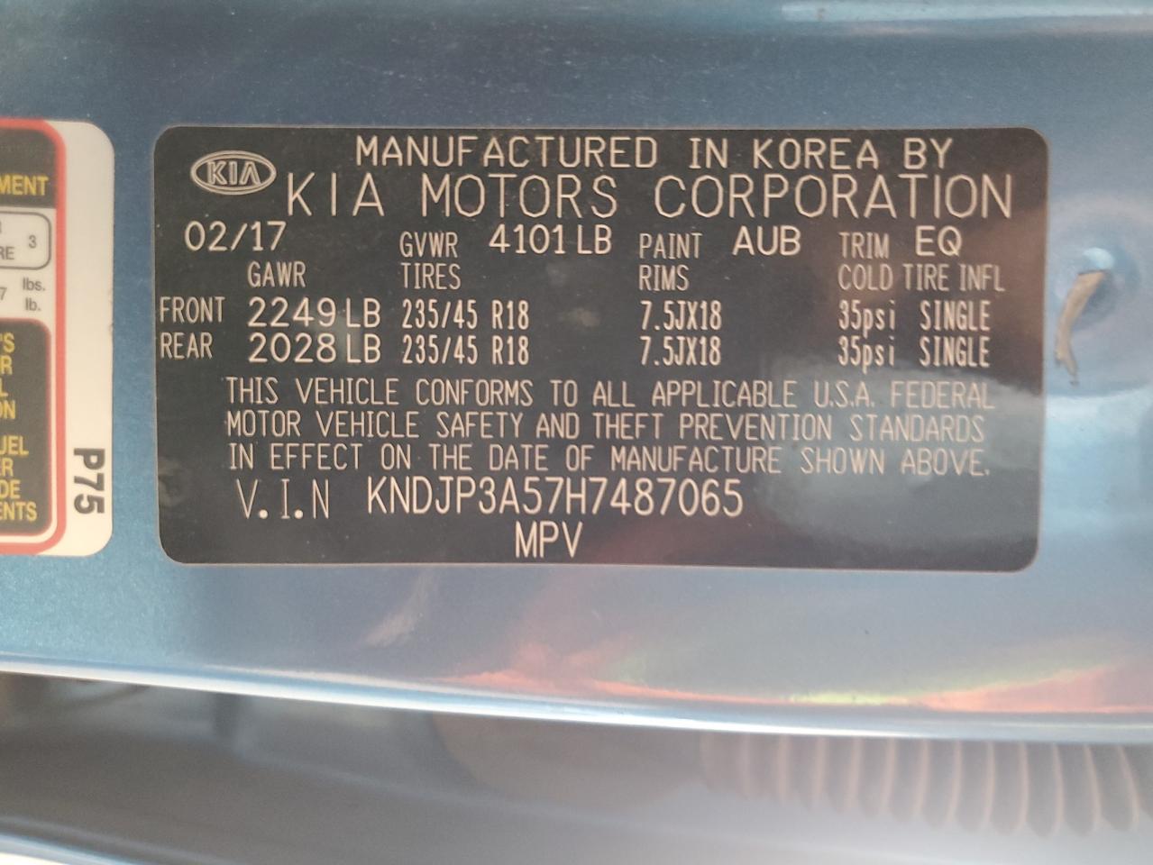 2017 Kia Soul + VIN: KNDJP3A57H7487065 Lot: 59148384