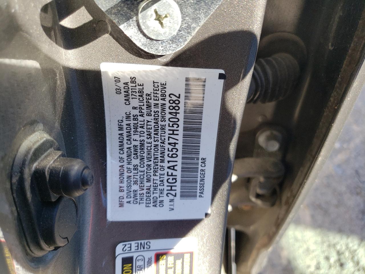 2007 Honda Civic Lx VIN: 2HGFA16547H504882 Lot: 58344394