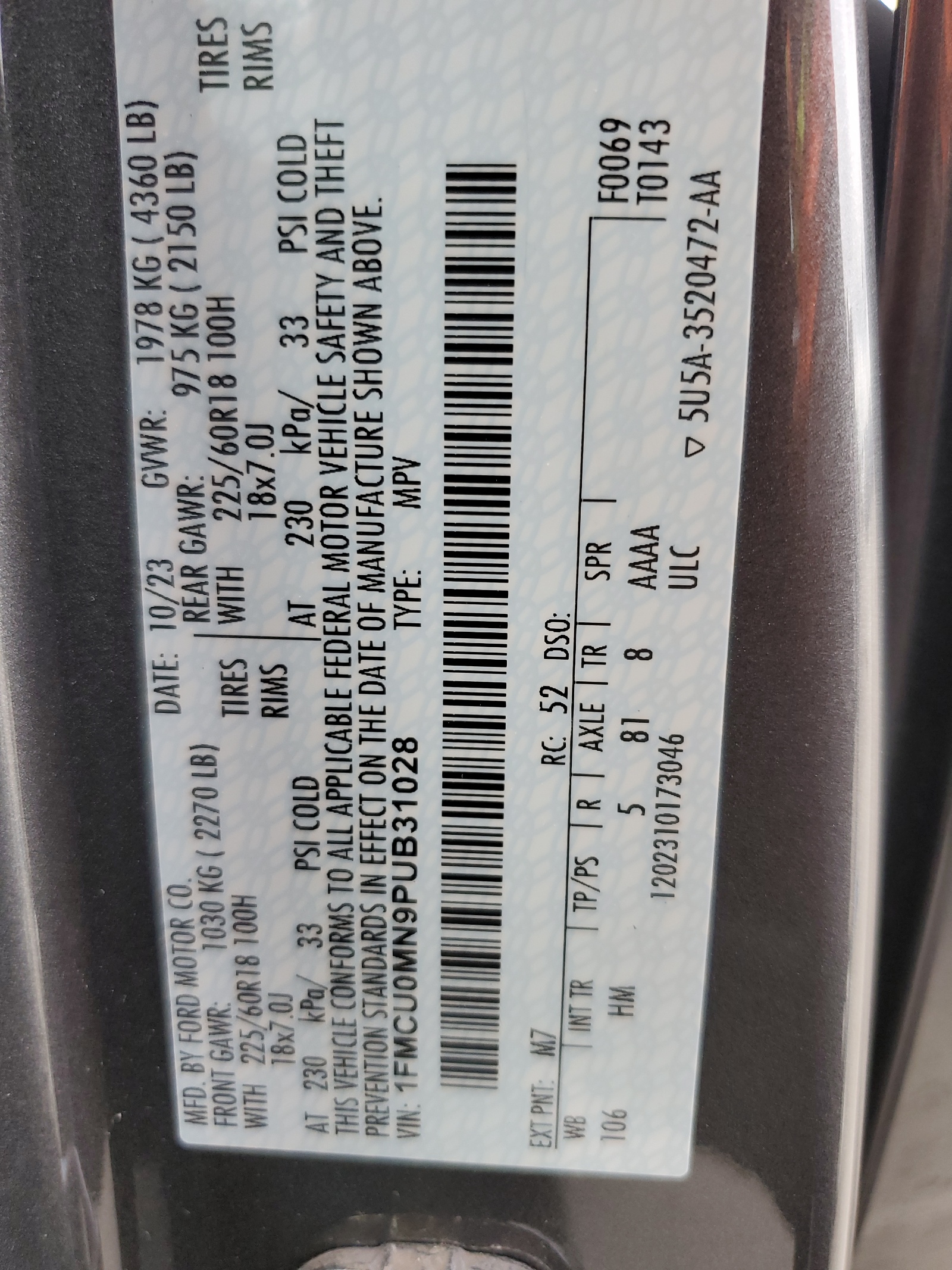 1FMCU0MN9PUB31028 2023 Ford Escape St Line