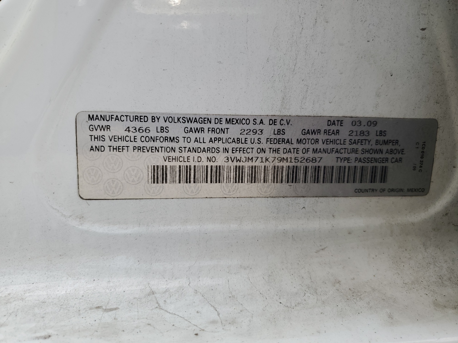 3VWJM71K79M152687 2009 Volkswagen Jetta S