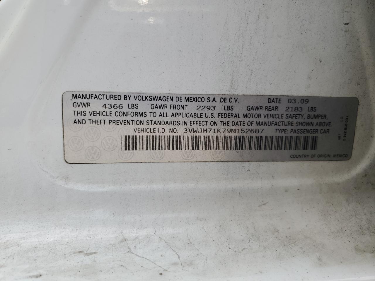 2009 Volkswagen Jetta S VIN: 3VWJM71K79M152687 Lot: 59420614