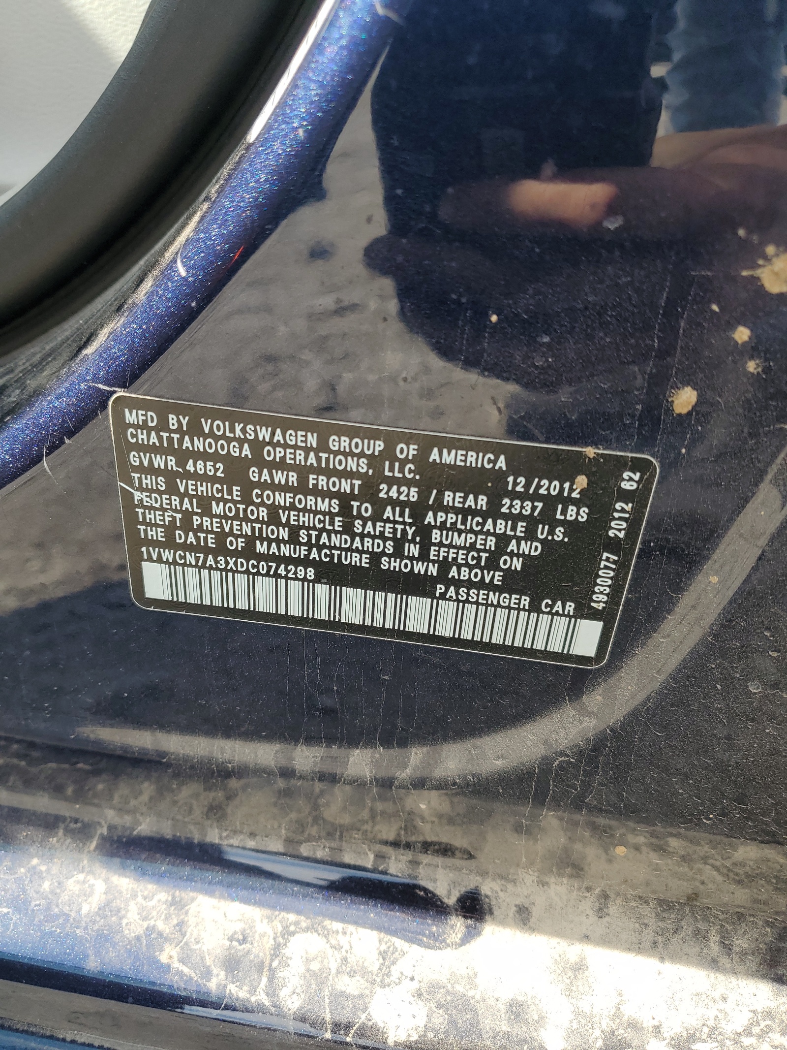 1VWCN7A3XDC074298 2013 Volkswagen Passat Sel