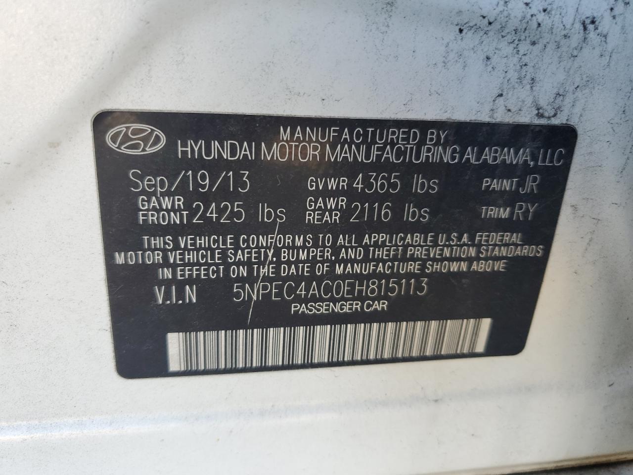 VIN 5NPEC4AC0EH815113 2014 HYUNDAI SONATA no.12