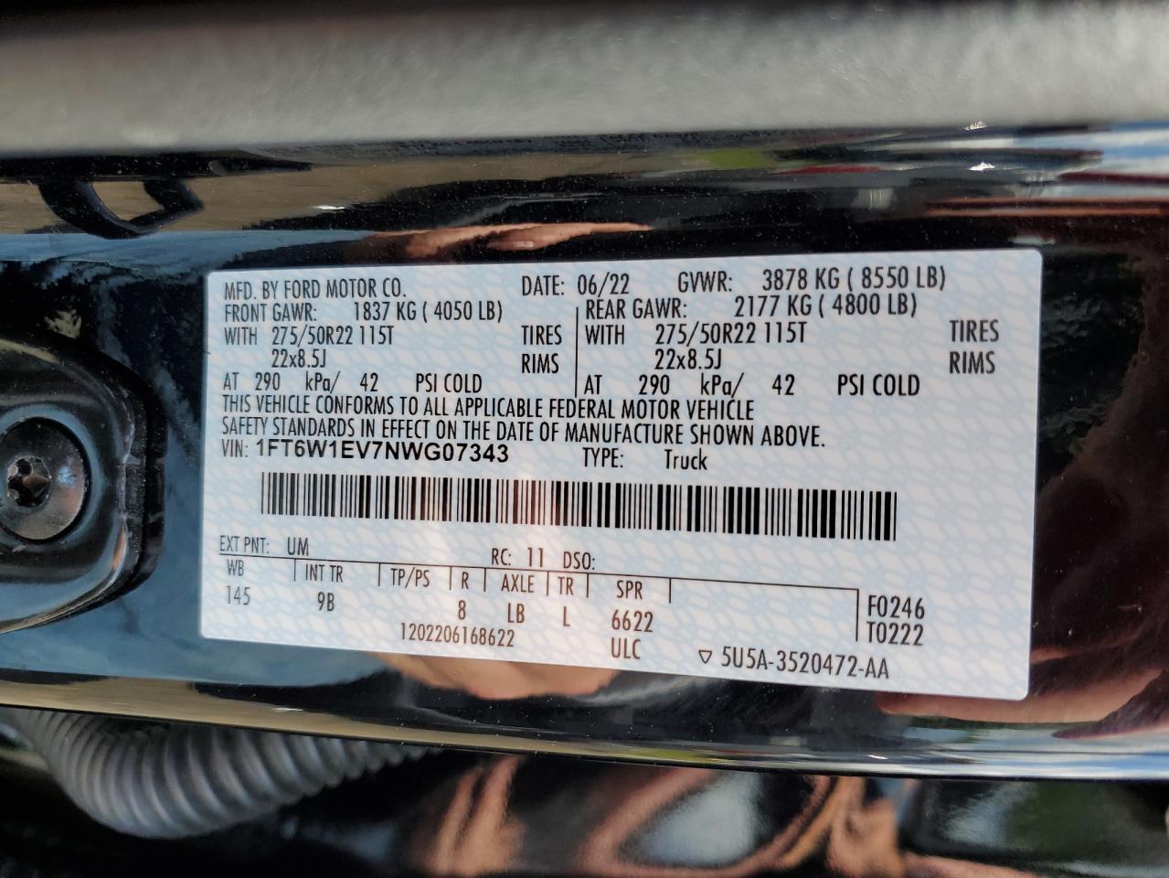 2022 Ford F150 Lightning Pro VIN: 1FT6W1EV7NWG07343 Lot: 56480614