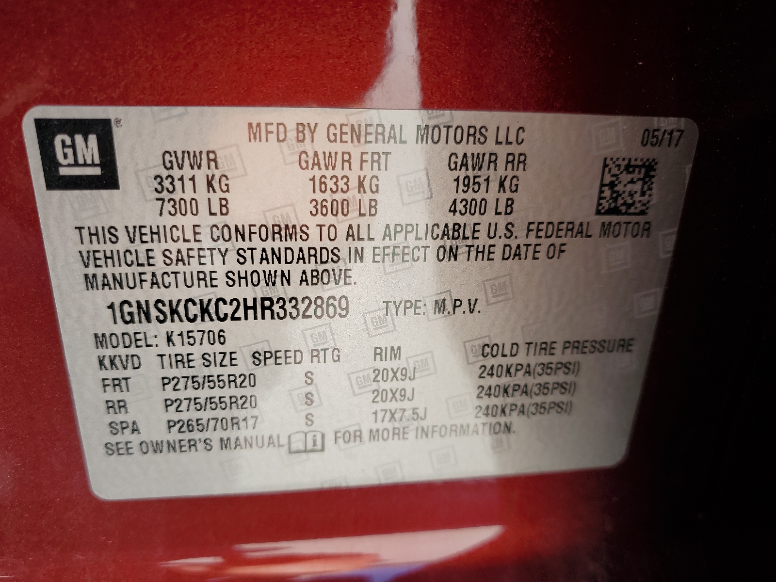 1GNSKCKC2HR332869 2017 Chevrolet Tahoe K1500 Premier