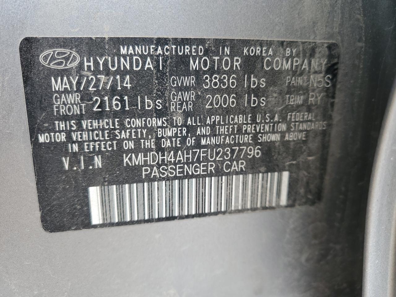 2015 Hyundai Elantra Se VIN: KMHDH4AH7FU237796 Lot: 60212084