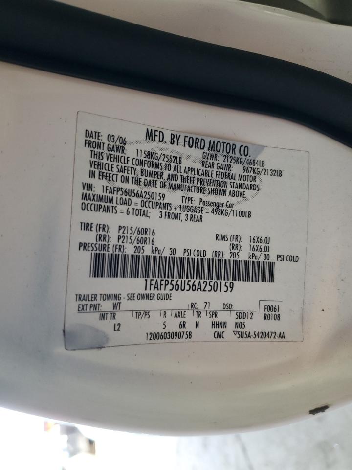 2006 Ford Taurus Sel VIN: 1FAFP56U56A250159 Lot: 60469084