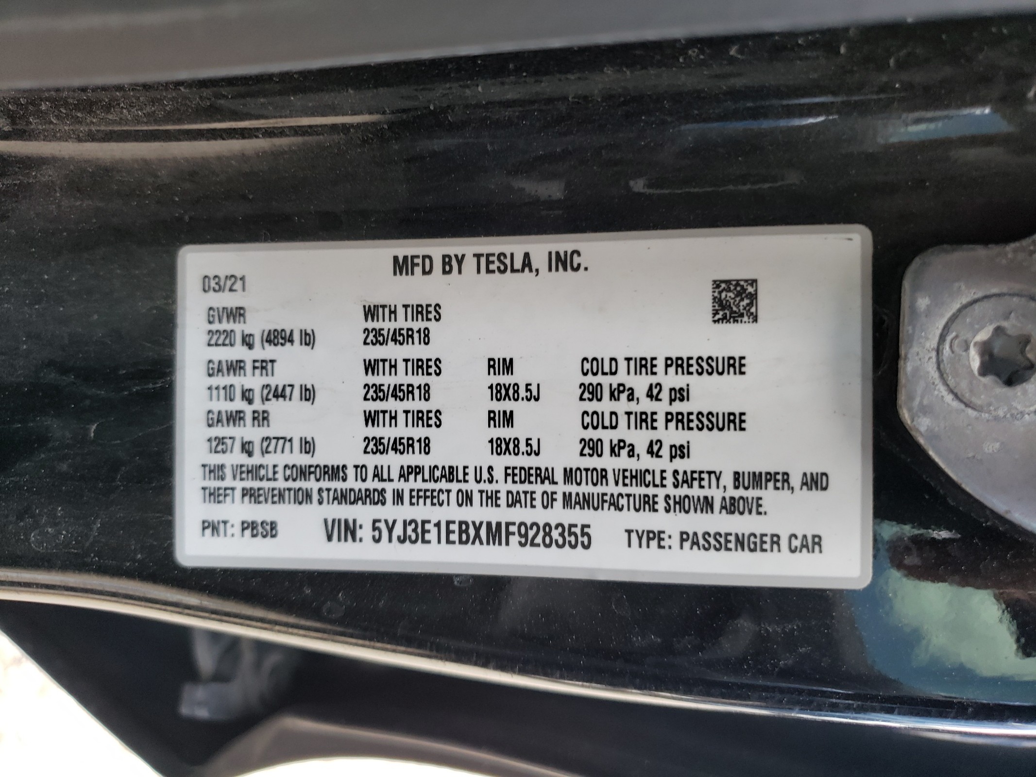 5YJ3E1EBXMF928355 2021 Tesla Model 3