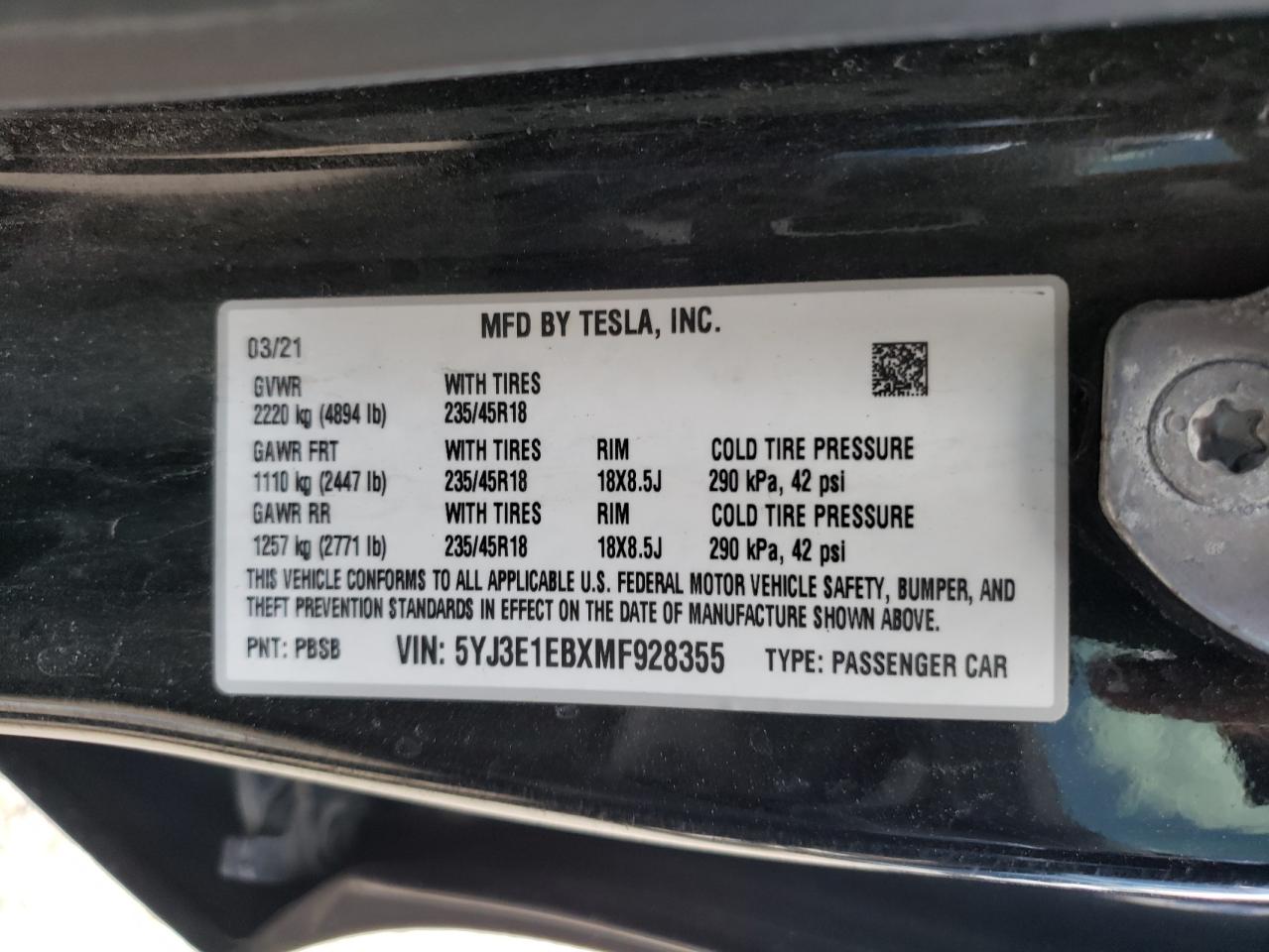 2021 Tesla Model 3 VIN: 5YJ3E1EBXMF928355 Lot: 55403074