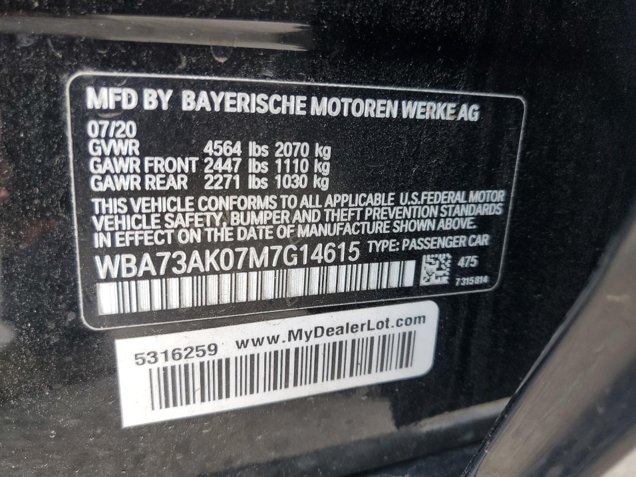 2021 BMW 228Xi VIN: WBA73AK07M7G14615 Lot: 59762024