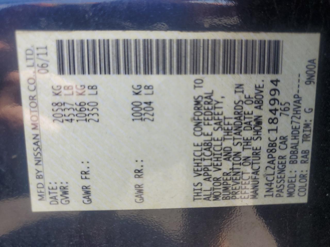 2011 Nissan Altima Hybrid VIN: 1N4CL2AP8BC184994 Lot: 59104184