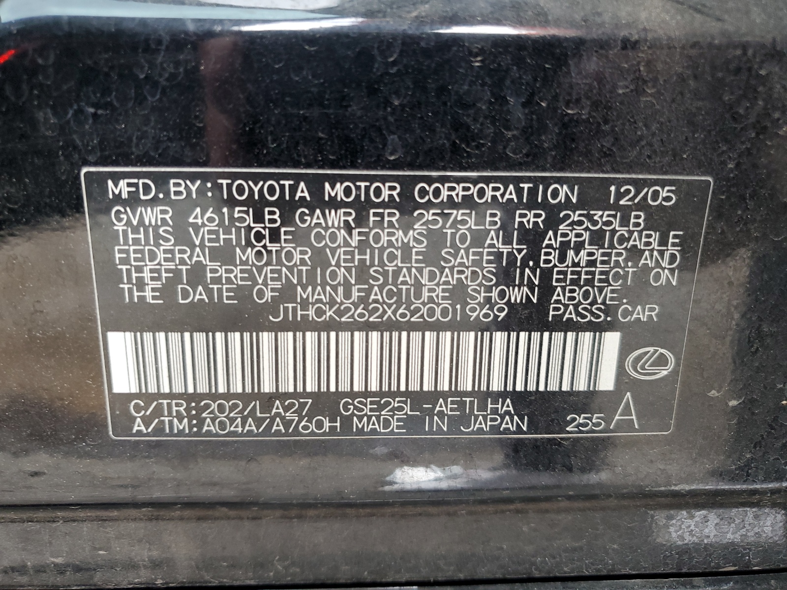 JTHCK262X62001969 2006 Lexus Is 250