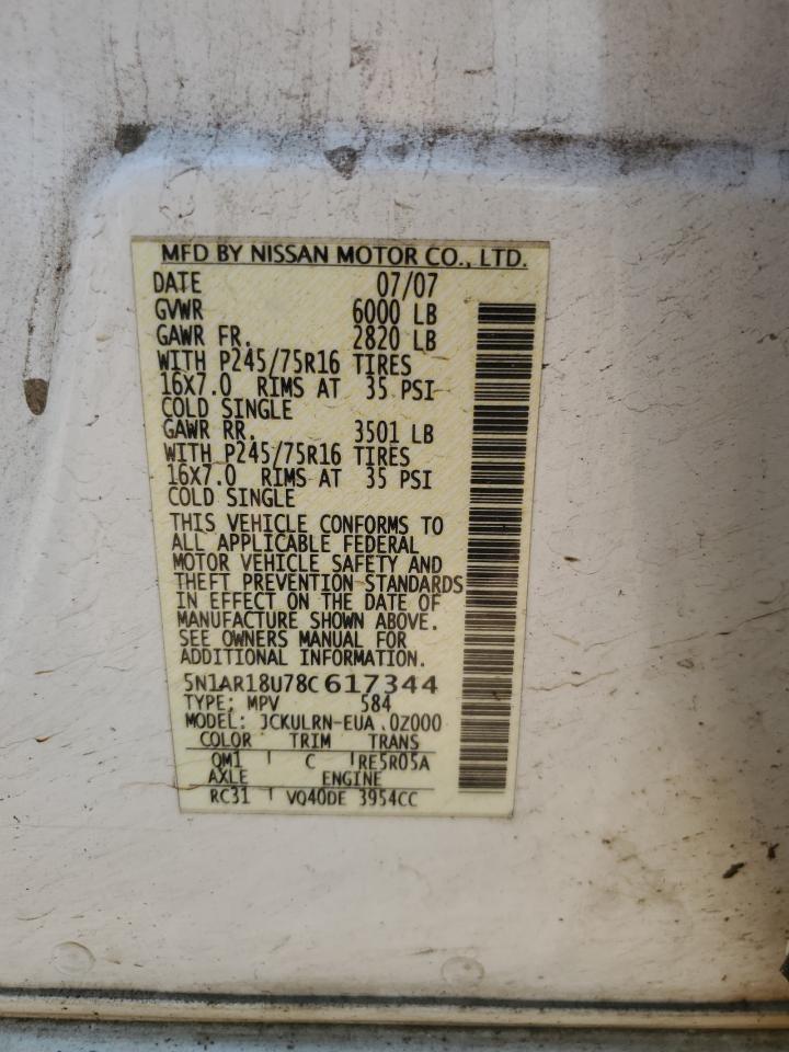 2008 Nissan Pathfinder S VIN: 5N1AR18U78C617344 Lot: 58747064