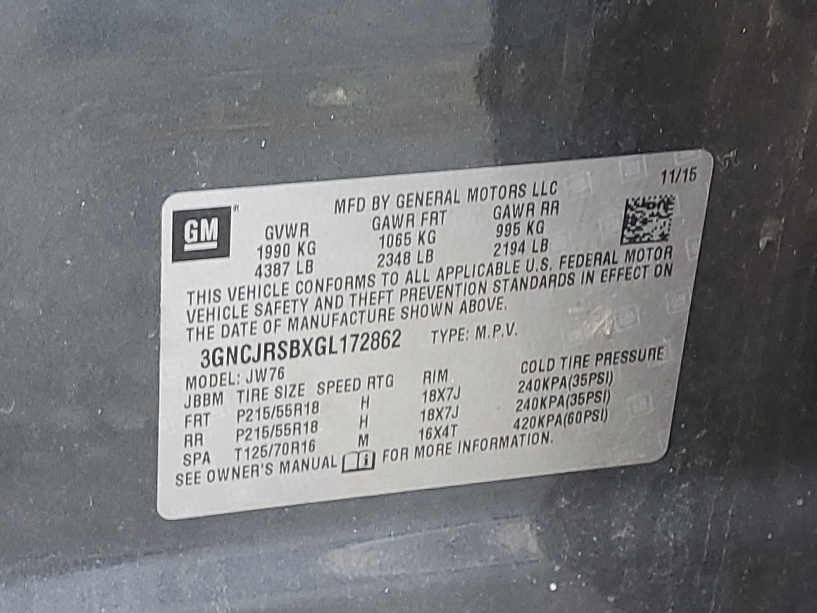 3GNCJRSBXGL172862 2016 Chevrolet Trax Ltz