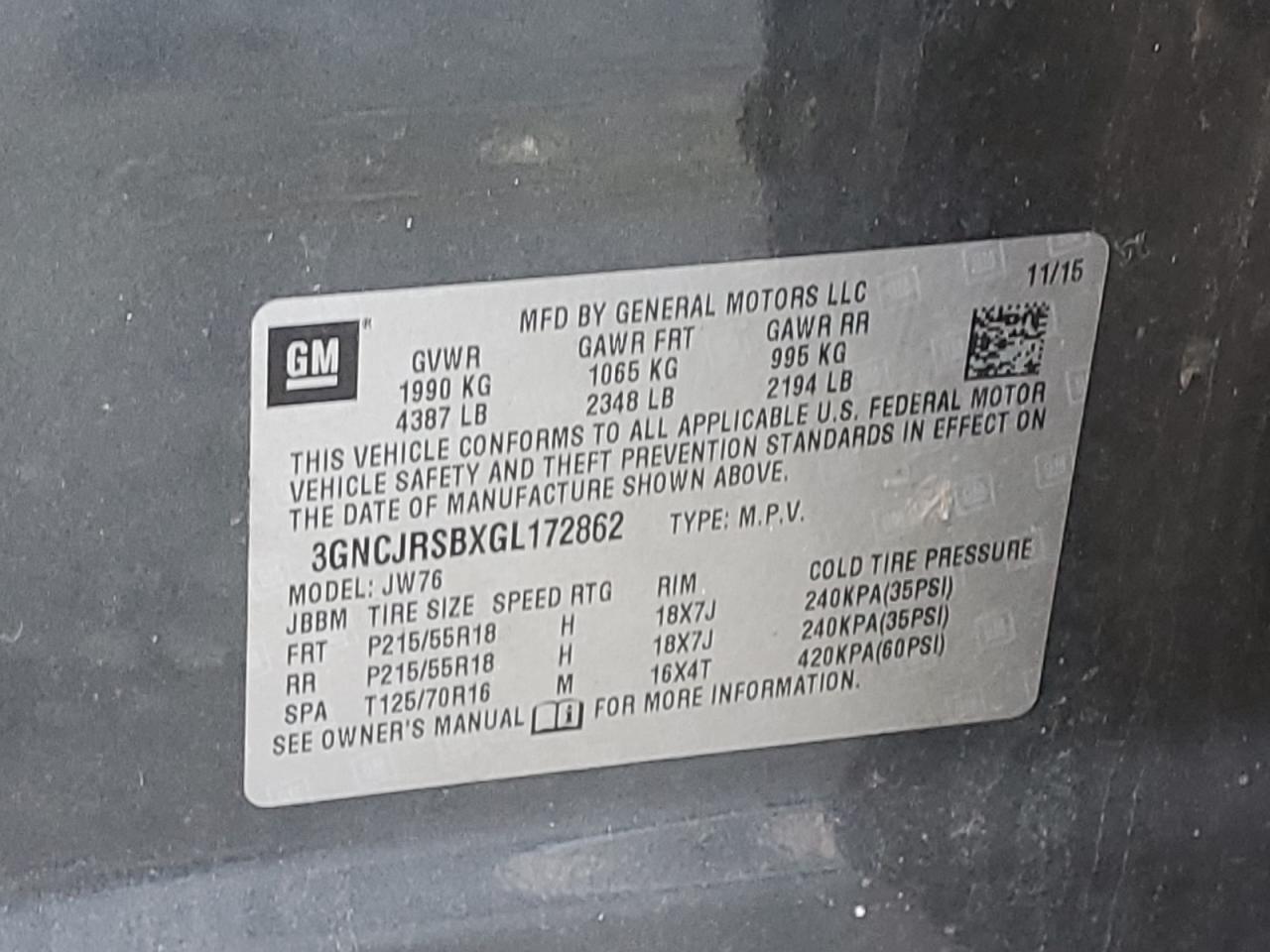 2016 Chevrolet Trax Ltz VIN: 3GNCJRSBXGL172862 Lot: 61051224