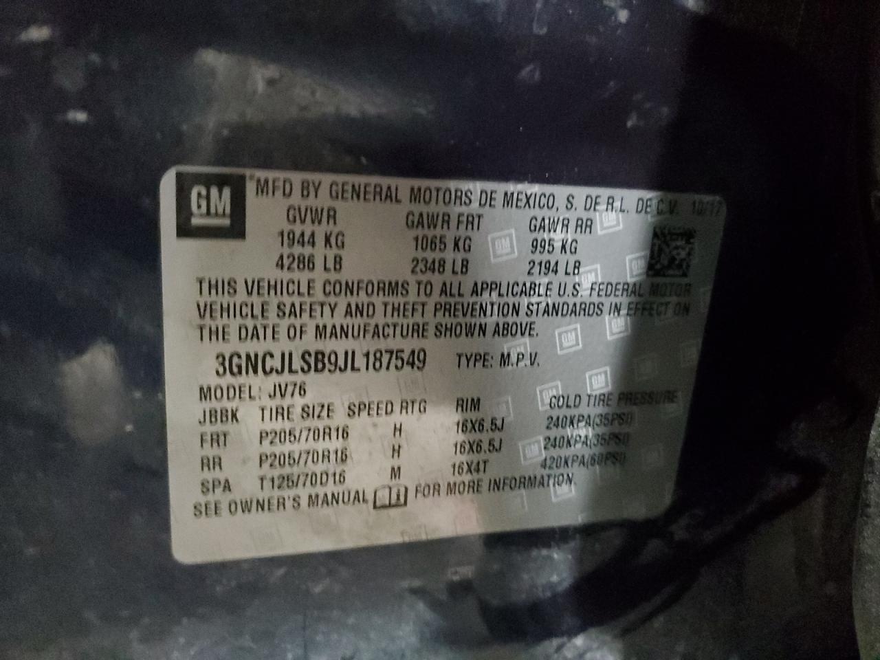 2018 Chevrolet Trax 1Lt VIN: 3GNCJLSB9JL187549 Lot: 58778824