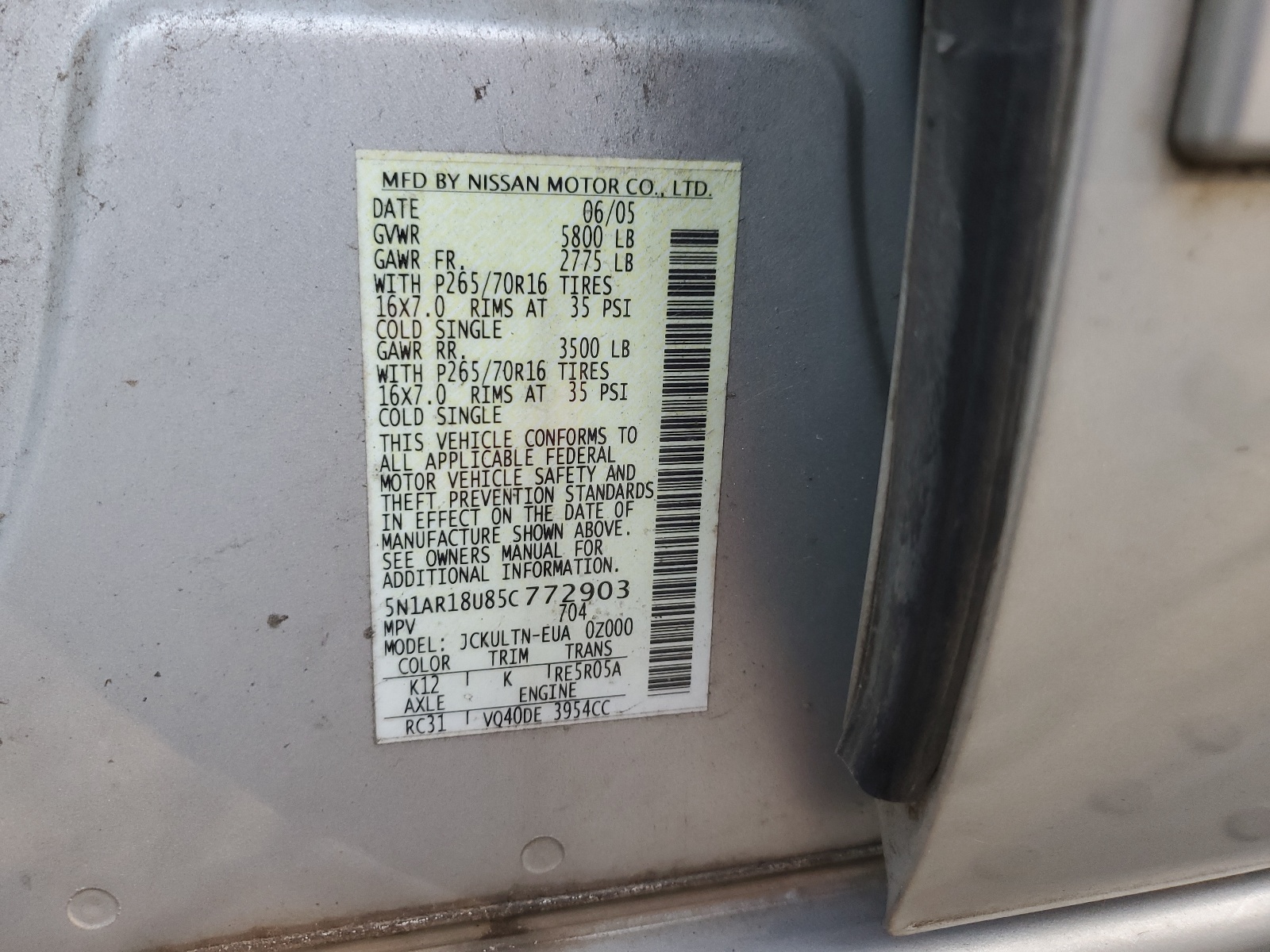 5N1AR18U85C772903 2005 Nissan Pathfinder Le