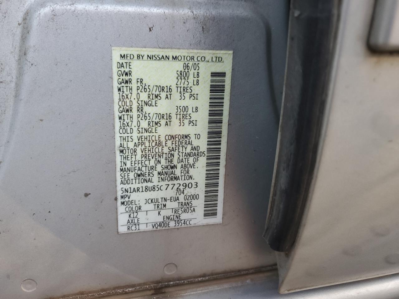2005 Nissan Pathfinder Le VIN: 5N1AR18U85C772903 Lot: 60130214