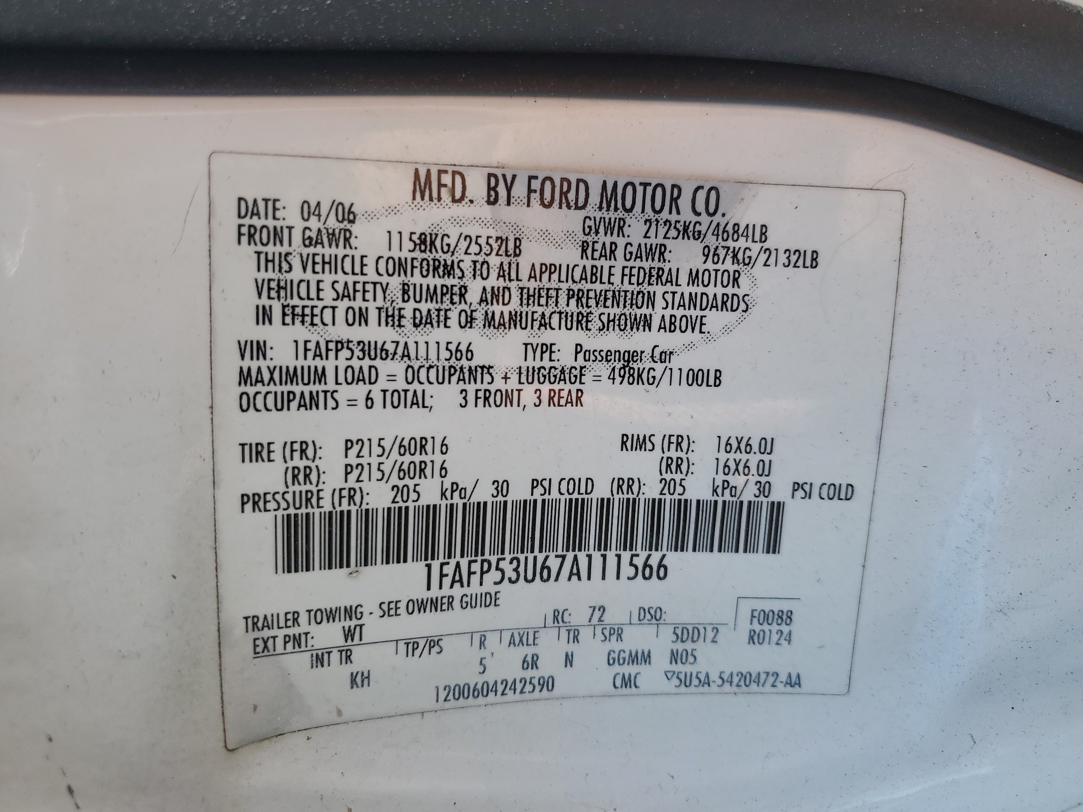 1FAFP53U67A111566 2007 Ford Taurus Se