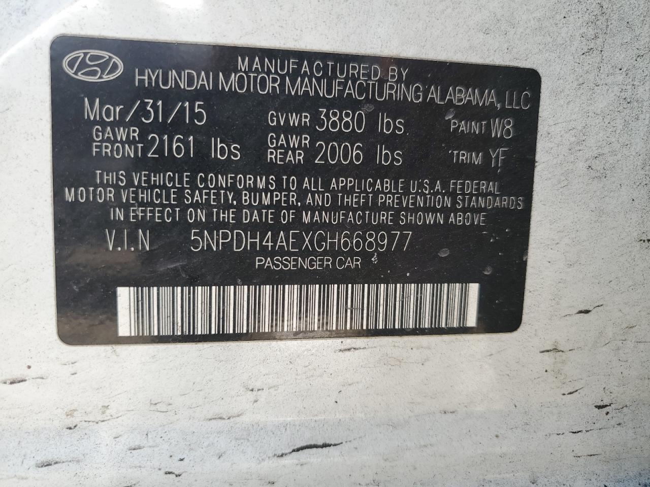 2016 Hyundai Elantra Se VIN: 5NPDH4AEXGH668977 Lot: 59652394