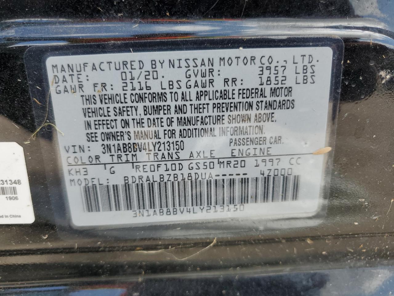 2020 Nissan Sentra S VIN: 3N1AB8BV4LY213150 Lot: 59220364