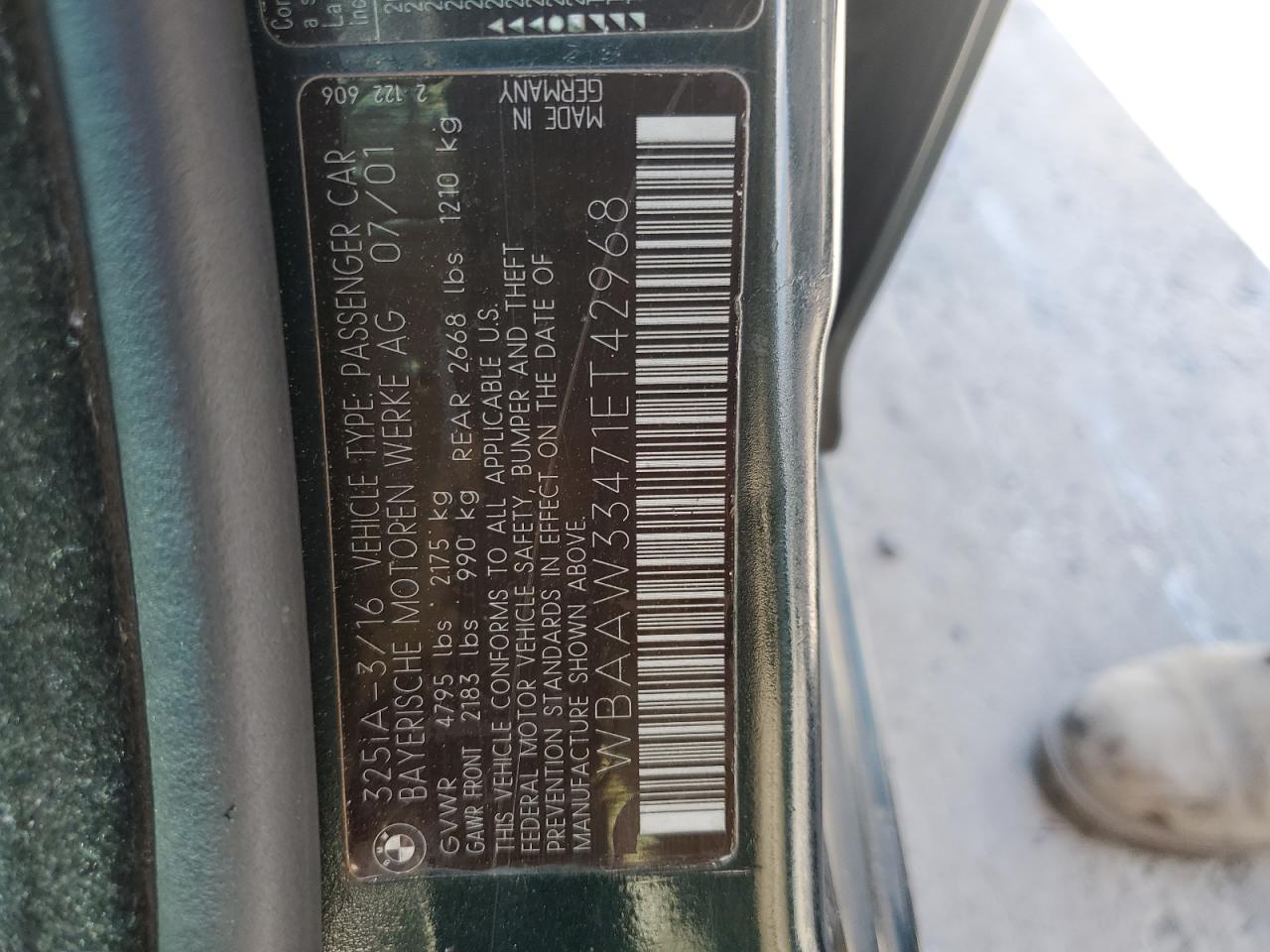 2001 BMW 325 It VIN: WBAAW33471ET42968 Lot: 60833724