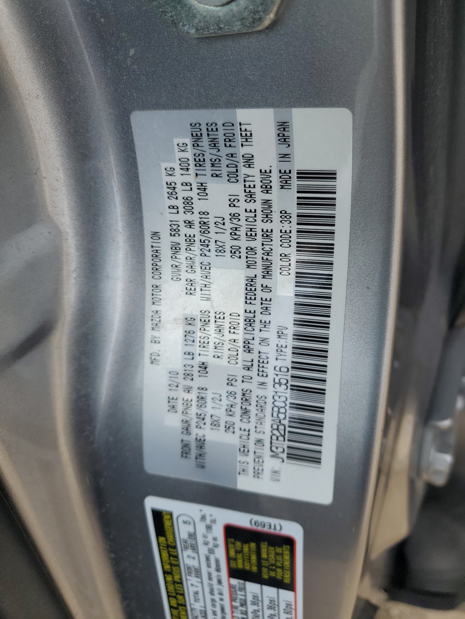 JM3TB2BA5B0313516 2011 Mazda Cx-9