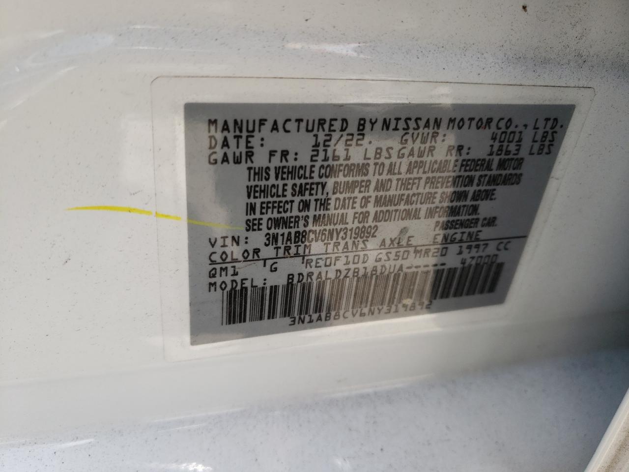 2022 Nissan Sentra Sv VIN: 3N1AB8CV6NY319892 Lot: 59034004