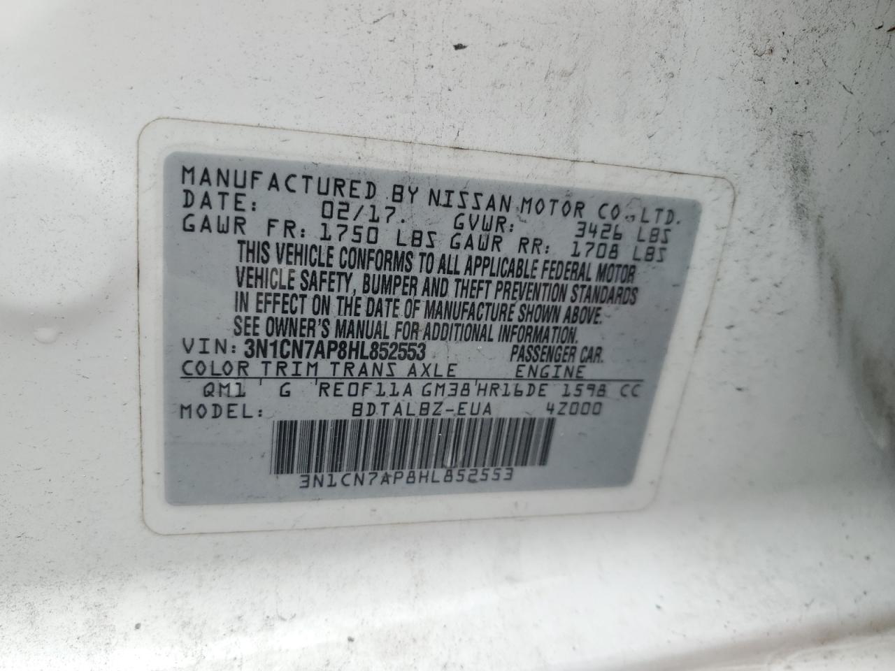 3N1CN7AP8HL852553 2017 Nissan Versa S