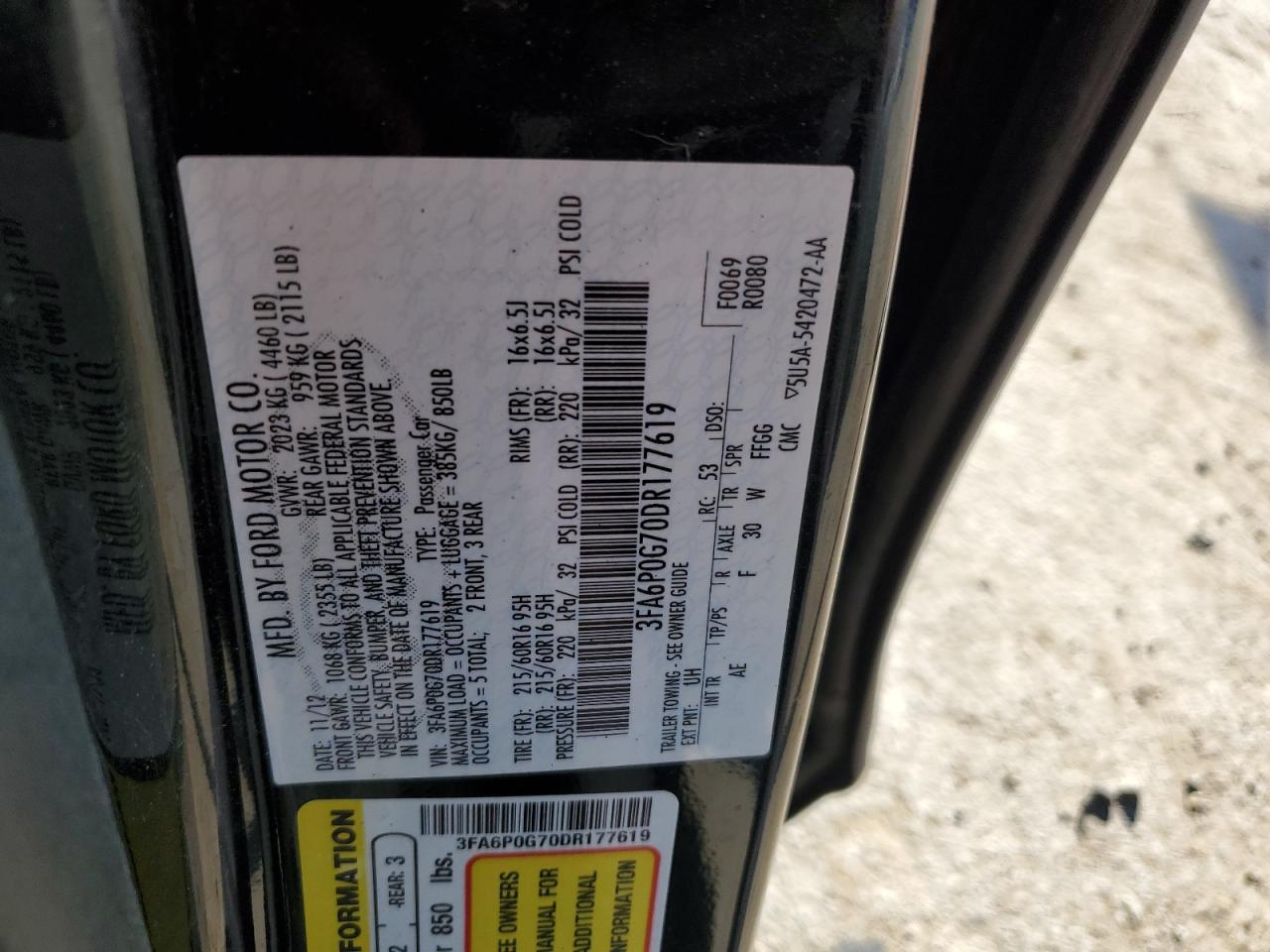 2013 Ford Fusion S VIN: 3FA6P0G70DR177619 Lot: 58933184