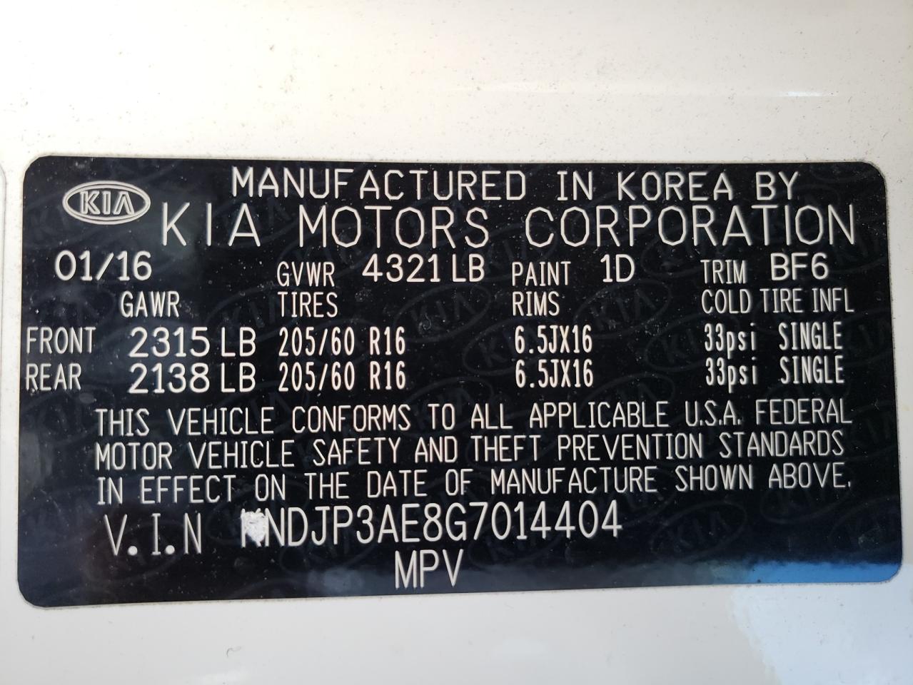 2016 Kia Soul Ev VIN: KNDJP3AE8G7014404 Lot: 60122174