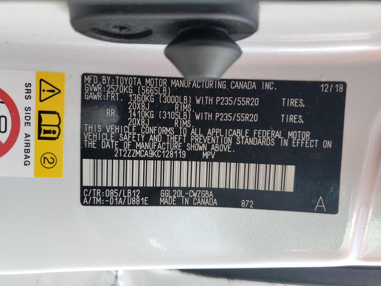 2019 Lexus Rx 350 Base VIN: 2T2ZZMCA9KC128119 Lot: 59671714