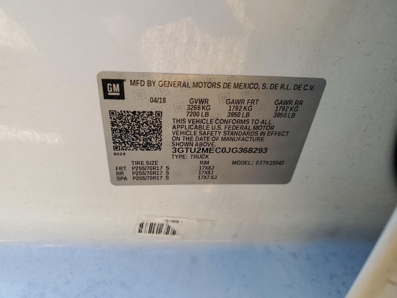 3GTU2MEC0JG368293 2018 GMC Sierra K1500 Sle