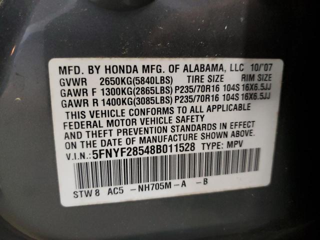 2008 HONDA PILOT EXL 5FNYF28548B011528  58251634