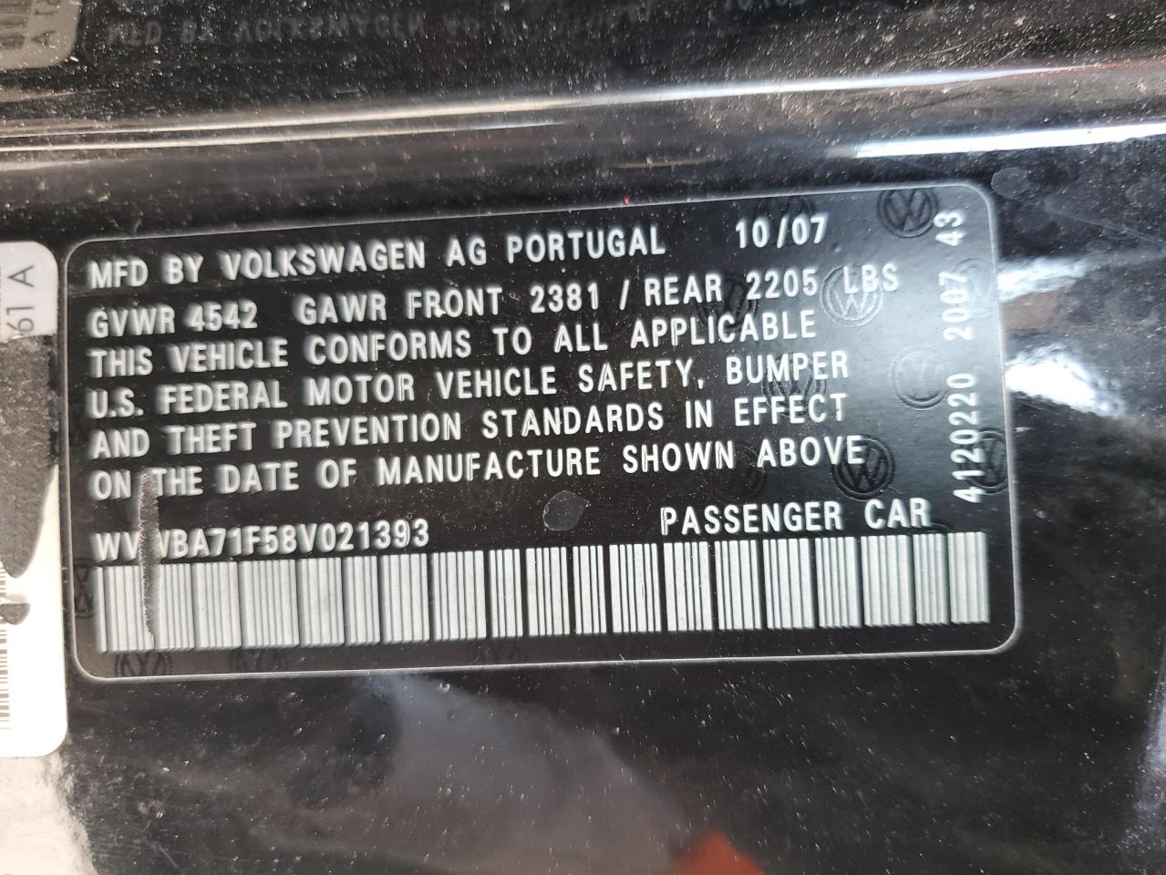 2008 Volkswagen Eos Turbo VIN: WVWBA71F58V021393 Lot: 57948694