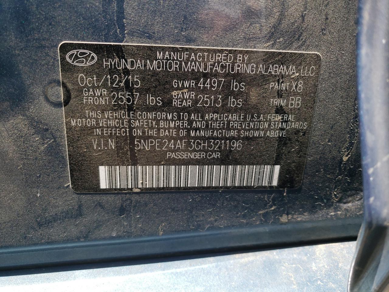 2016 Hyundai Sonata Se VIN: 5NPE24AF3GH321196 Lot: 60342754