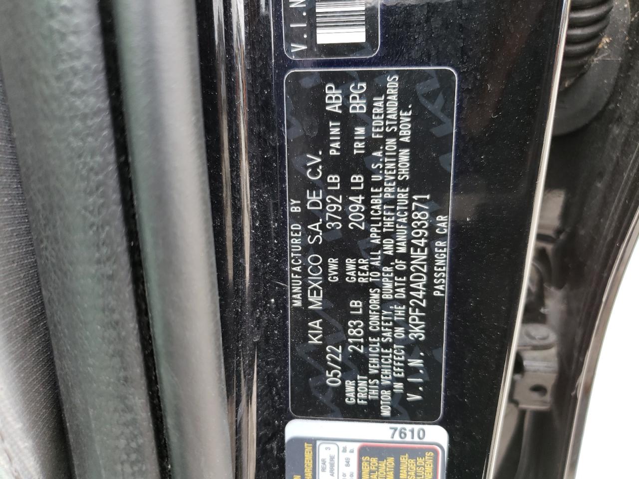 2022 Kia Forte Fe VIN: 3KPF24AD2NE493871 Lot: 57416144