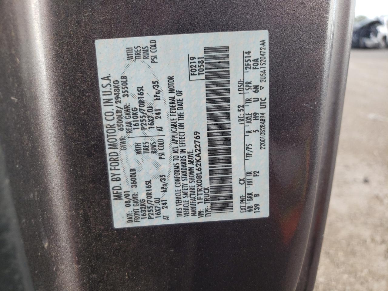 2002 Ford F150 VIN: 1FTRX08L62KA22769 Lot: 60610754