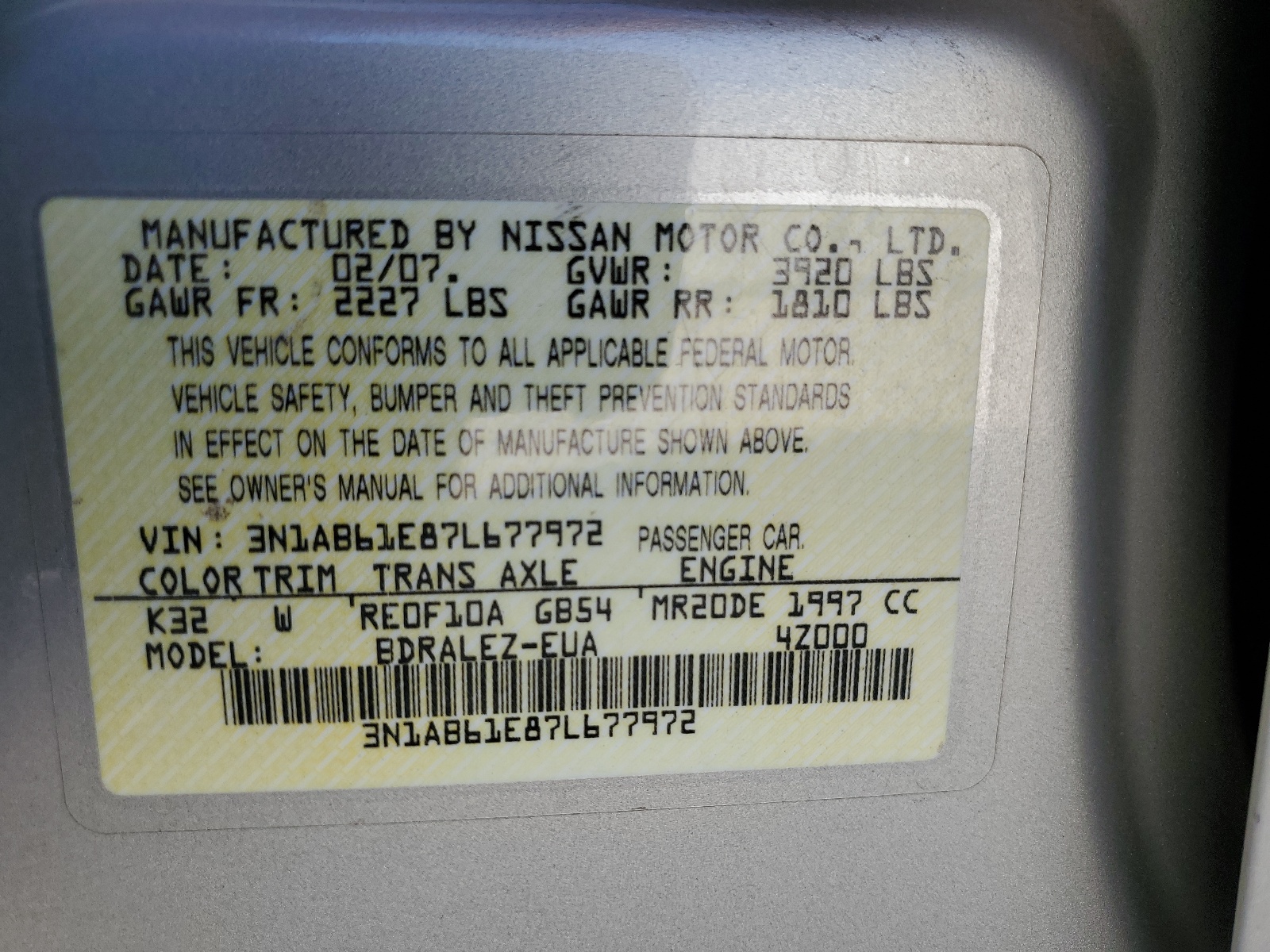 3N1AB61E87L677972 2007 Nissan Sentra 2.0